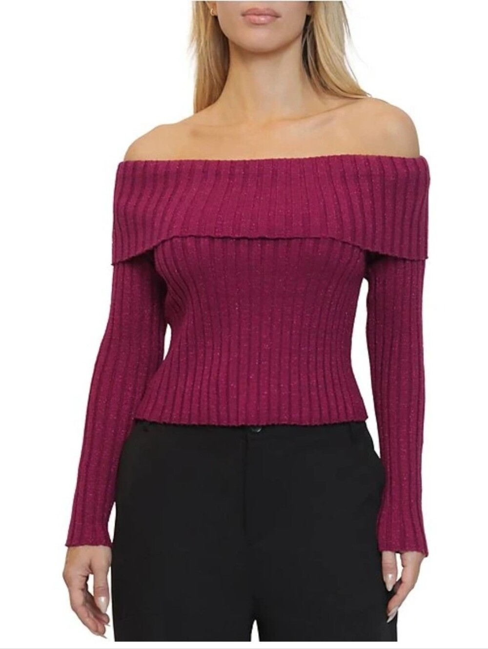 Steve Madden Metallic Ribbed Off-The Shoulder Long Sleeve, Red Plum, Size L
